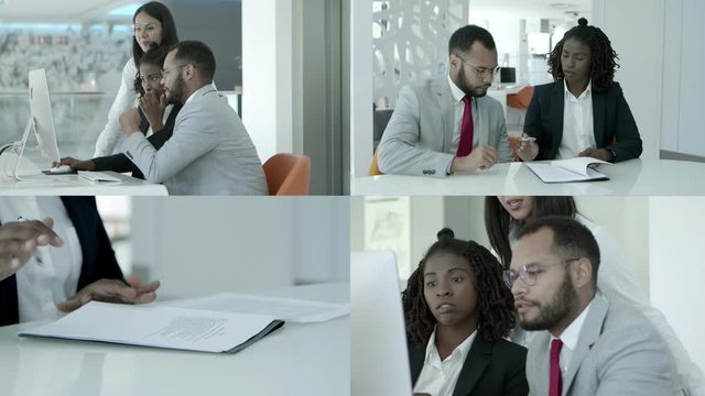 Diverse young business people working in office. Split screen collage of male and female business people working with documents and desktop computers. Business and technology concept