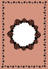 Template for postcards and invitations. Wreath of roses on a soft pink background with a frame of leaves. Vector.