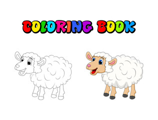 Cartoon Cute White Sheep coloring book , pages .Sheep standing for farm concept. Vector illustration isolated on white background