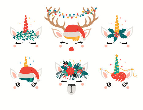 Christmas set with cute unicorn, llama, reindeer faces, in flower wreaths. Isolated objects on white. Hand drawn vector illustration. Flat style design. Concept holiday print, card, invite, gift tag.