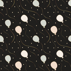 Seamless pattern. Balloons and circles of pastel colors with gold contours and gold serpentine on a black background. Vector.