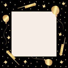 Template. Black frame with golden confetti, firecrackers, balloons and flags. In the center is a light square with  a golden stroke. Vector.