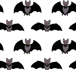 Seamless pattern for Halloween. Bats with multicolored eyes on a white background. Hand drawing. Vector.