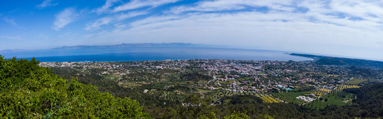 View of Ialyssos from Mount Filerimos. Blue Sea and Mountains in summer in Greece