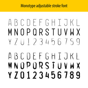 Monotype letters stroke font alphabet and numbers. Thin line with adjustable width, hatching and design. One width symbols set. You can apply any brush type to letters center line.