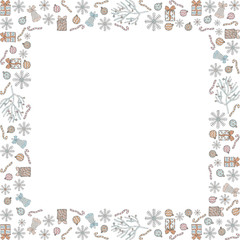 Christmas and Christmas square frame made of doodles. Snowflakes, gifts, bells, candy canes, Christmas balls, Christmas tree branches with balls. Vector.