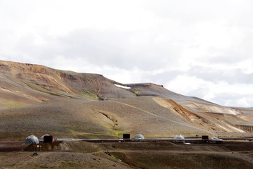 Geothermal energy stations in Iceland. The slopes of the Krafla volcano and a geothermal power station. Near Lake Myvatn, Northeast Iceland.  