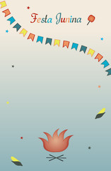 Festa Junina. Template. Multicolored flags and stars, bonfire, corn, an inscription, an apple in caramel and space for text on a gradient background. Vector.
