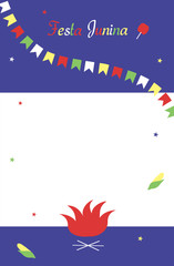 Fototapeta na wymiar Festa Junina. Template for invitation. Flat multicolored flags and stars, bonfire, corn, an inscription, an apple in caramel on blue and white background. Vector.
