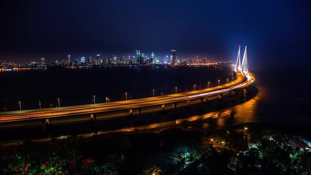 High angle view of Bandra Worli Sea Link in Mumbai, India time lapse at night