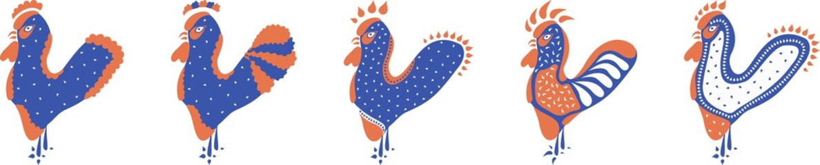 Set of five flat abstract roosters in red, blue and white. Isolated objects. Vector
