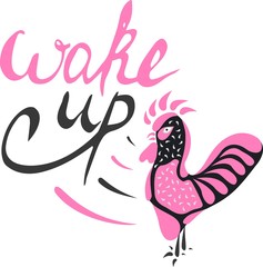 Abstract rooster of the shapes and the words "Wake up" in black and purple colors on a white background. Vector.