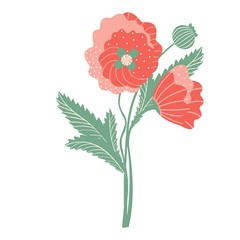 Decorative strip of poppies. Open buds with stems and leaves on a white background. Vector.