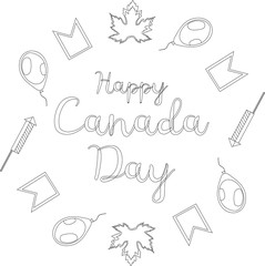 Happy Canada Day. National Canadian holiday. Black and white banner. The text is surrounded by balloons, maple leaves, flags, petards. Coloring. Vector.