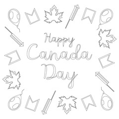 Happy Canada Day. Square black and white banner. The inscription surrounded by maple leaves, balloons, flags and firecrackers. Coloring. Vector.