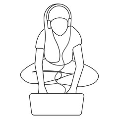 Black-white woman sitting at a laptop in headphones on a white background. Coloring. Vector.