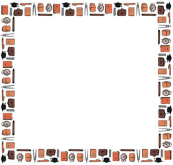 A square frame of textbooks, portfolios, rulers, square academic caps, pens, notebooks, compasses, backpacks, pencils, alarm clocks on a white background. Vector.