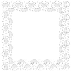 Black and white square frame of baskets with strawberries and strawberries outside. Coloring page. Vector.