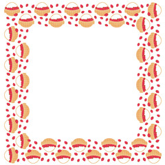 Obraz premium Square frame of baskets with strawberries and strawberries outside on a white background. Vector.