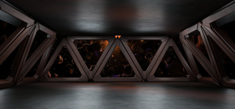 sci fi  corridor with view of space galaxy 3d rendering