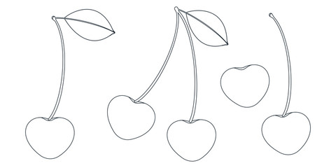 Black and white coloring set of whole ripe cherries. Vector.