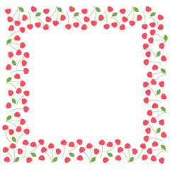 Fototapeta premium A square frame of ripe cherries with and without stalks and leaves on a white background. Vector.