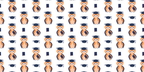 Seamless pattern of scientists owls with textbooks under the wing and without, square academic caps and textbooks with bookmarks on a white background. Education. Back to school. Vector.