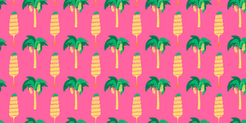 Seamless pattern. Abstract banana trees and banana bunches on magenta color background. Vector.