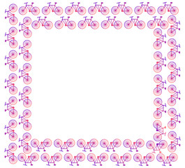 A square frame of bicycles drenched in a purple-orange gradient on a white background. Vector.