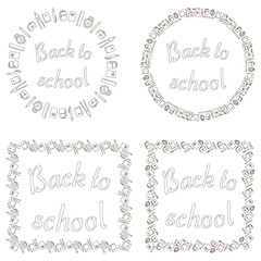 Set of 4 black and white isolated banners. Back to school. The inscriptions are surrounded by square and round frames of school supplies. Vector.