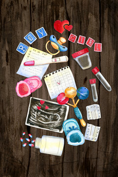 Watercolor vertical flatlay illustration of pregnancy symbols on wooden background