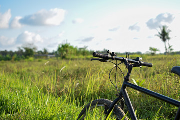 Fototapeta na wymiar Bicycle in front of beautiful rice paddy adventure travel photo