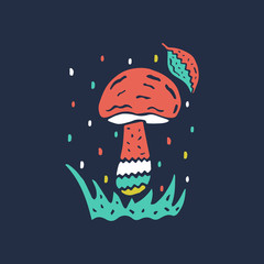 White mushroom on the grass, leaf and abstract shapes on a dark background. Freehand drawing. Vector illustration in scandinavian style.