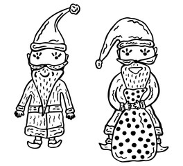 Two black and white Santa Clauses in Scandinavian style, hand-drawn on a white background. New Year and Christmas doodles coloring pages. Vector illustration for children.