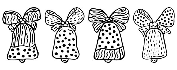 Set of four abstract black-white bells with bows in Scandinavian style hand-drawn on a white background. Design elements for coloring. Vector.
