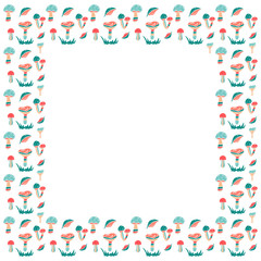 A square frame of abstract mushrooms, falling leaves and grass in the Scandinavian style on a white background. Template for text. Vector.