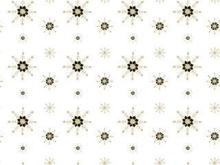 Winter seamless pattern  of golden-black snowflakes drawn by hand on a white background. Scandinavian style. Vector.
