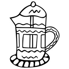 Hand-drawn black and white French press for brewing coffee and tea. Isolated design element in scandinavian style for coloring. Vector.