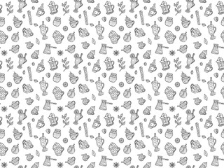 Black and white seamless pattern of hand-drawn warming beverages and spices in Scandinavian style. For the menu design, fabric, wrapping paper, wallpaper, textile etc. Vector.