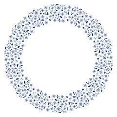 Round frame made of of hand-drawn abstract blue contour butterflies, wavy shapes and flowers on a white background. Elegant decor for card, flyer, invitation, etc. Vector.