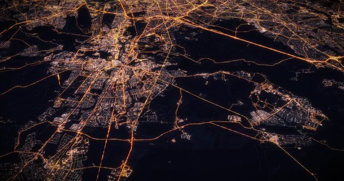 Aerial night view of city of Berlin, Germany. Traffic and street light glowing. Camera flying above space filming cinematic straight and tilting down. 3d animation rendering.
