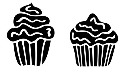 Two black muffins on a white background. Hand drawing. Isolated objects. Vector.