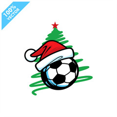 Soccer football santa hat with christmas tree background logo vector