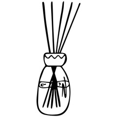 Black and white aromatic diffuser with sticks in a jar. Hand-drawn item for coloring. Vector.