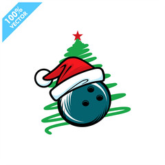 Bowling santa hat with christmas tree background logo vector