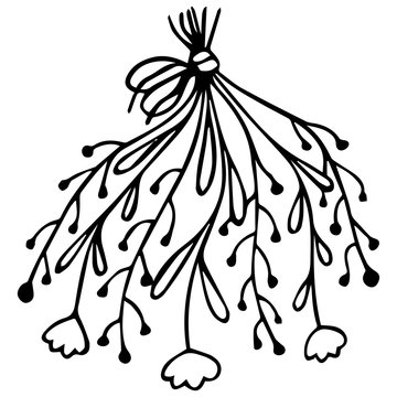 Black and white hand-drawn bouquet of abstract peons decorated with brunia on a white background. Vector.