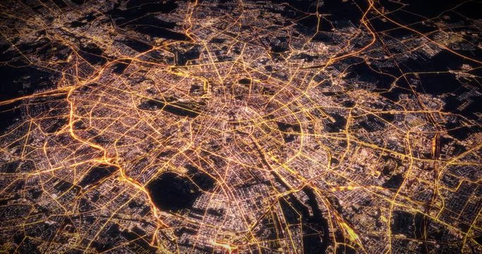 Aerial night view of city of Berlin, Germany. Traffic and street light glowing. Camera flying above space filming to city center. Rotating around and making endless loop. 3d animation rendering.