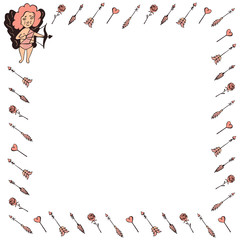 Square romantic frame for Valentine's Day from hand-drawn Cupid, roses and arrows on a white background. For text, banners, advertising, invitations, flyers, cards, etc. Vector.