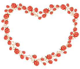 Frame of hand-drawn roses in the shape of a heart on a white background. For Valentine's Day, wedding invitations, text, flyers, cards, banners, etc. Vector.