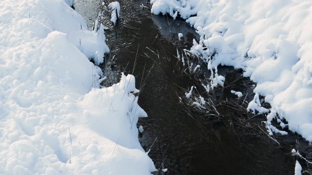 Gorgeous view of winter nature landscape.. Stream in winter forest. Beautiful nature landscape. Trees reflection on water. Winter time in Sweden.